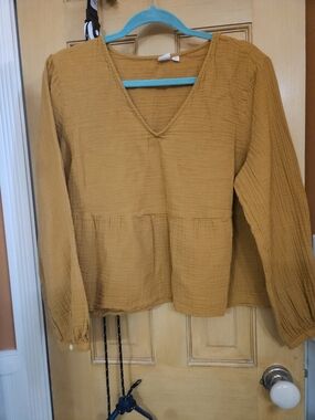 Gap Mustard Gauze V-Neck Long Sleeve Peplum Top